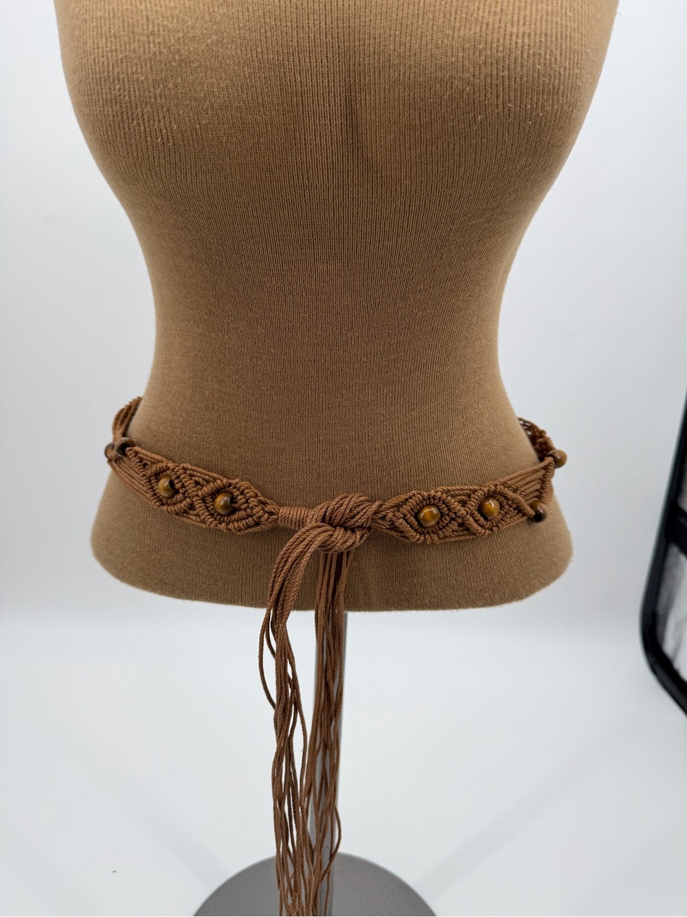 Braided Macramé Waist Belt with Wooden Beads - Brown